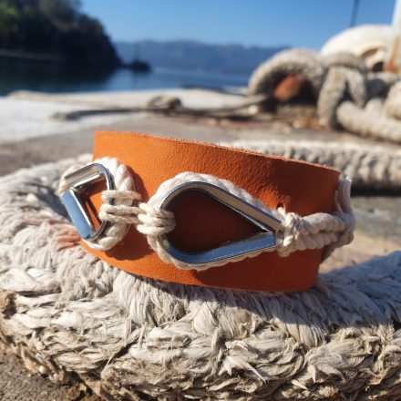 Leather bracelet The “Levieche” with a stainless steel thimble joined with a cotton rope – orange