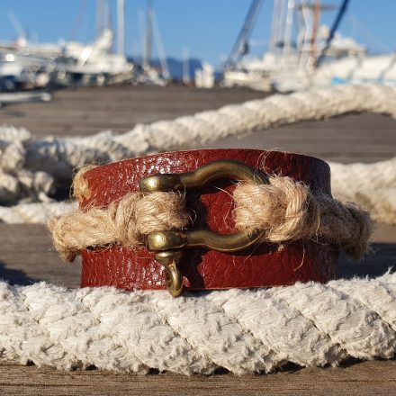 Leather bracelet The “Autan” with a brass shekel combined with a jute rope – brown