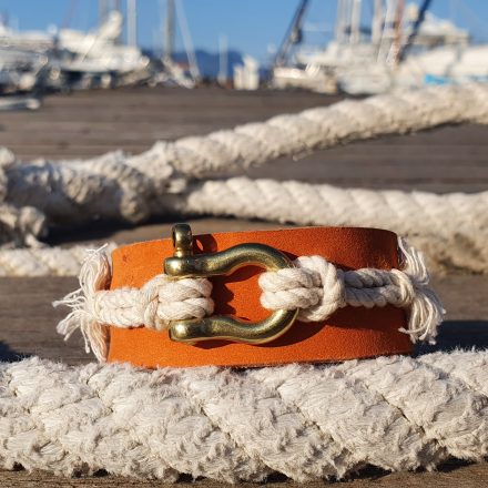 Leather bracelet The “Etesian” with a gold shekel combined with a cotton rope – orange