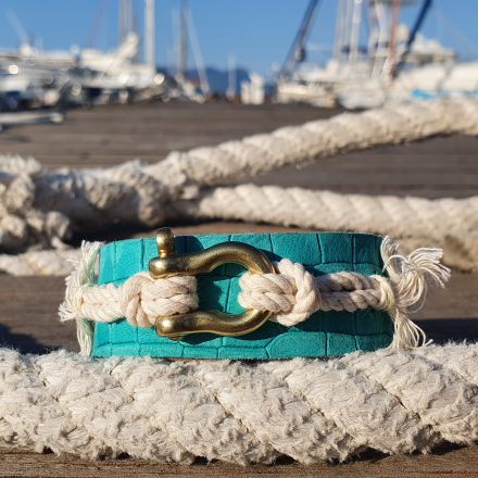 Leather bracelet The “Etesian” with a gold shekel combined with a cotton rope – aquamarine