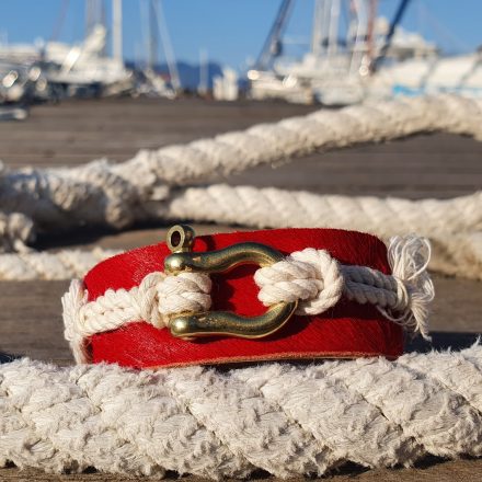 Leather bracelet The “Etesian” with a gold shekel combined with a cotton rope – red goat