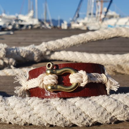 Leather bracelet The “Etesian” with a gold shekel combined with a cotton rope – brown