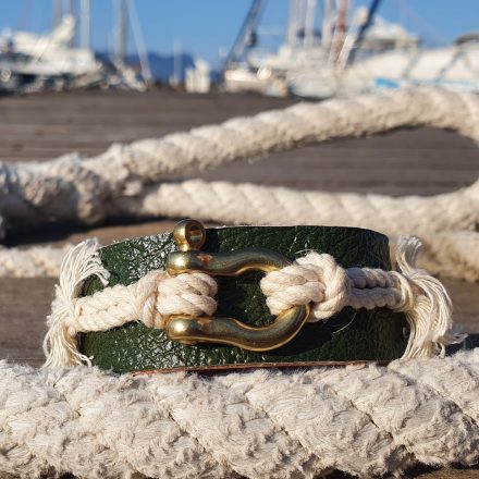 Leather bracelet The “Etesian” with a gold shekel combined with a cotton rope – green